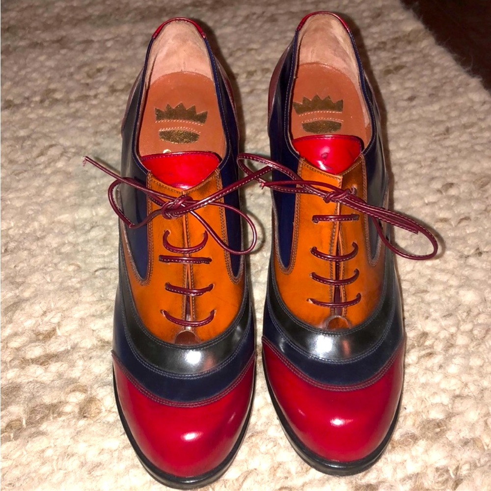 OUTRAGEOUS VTG Sz 7.5 ERNESTO ESPOSITO Multicolor leather platform hi heel Shoes - Picture 3 of 9